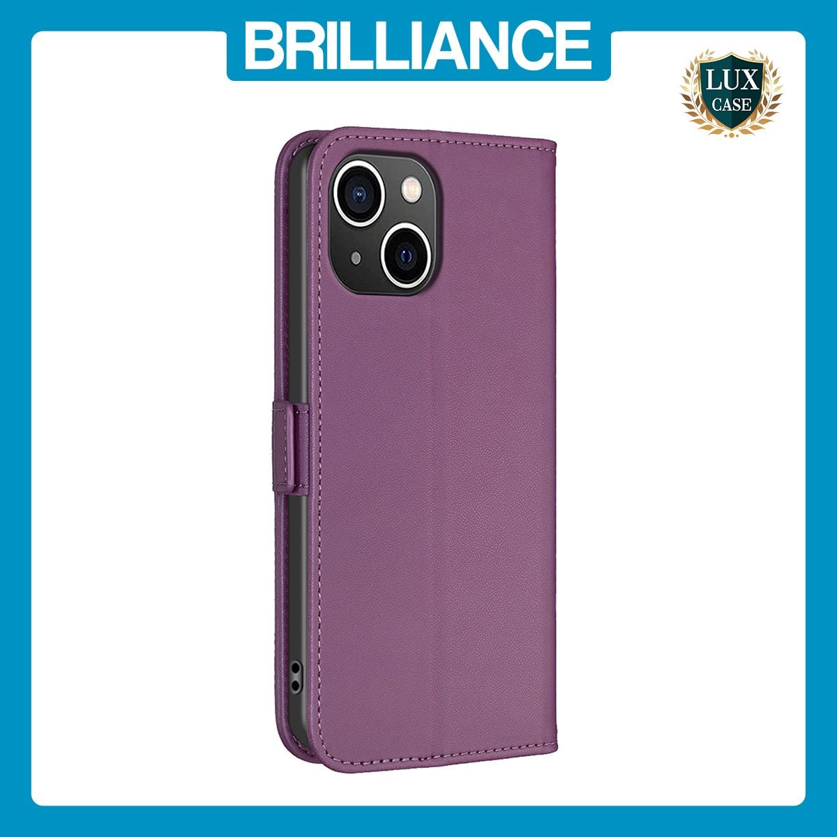 Brilliance LUX iPhone 15 Flip Book PU Leather Wallet Holder & Stand with Card Pockets Case Purple