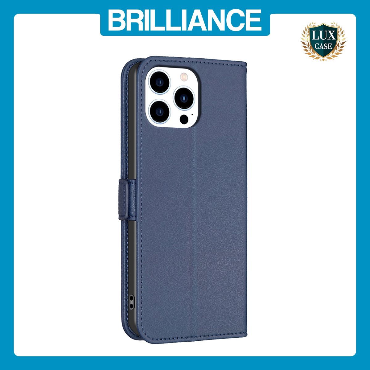 Brilliance LUX iPhone 14 Pro Max Flip Book PU Leather Wallet Holder & Stand with Card Pockets Case Blue