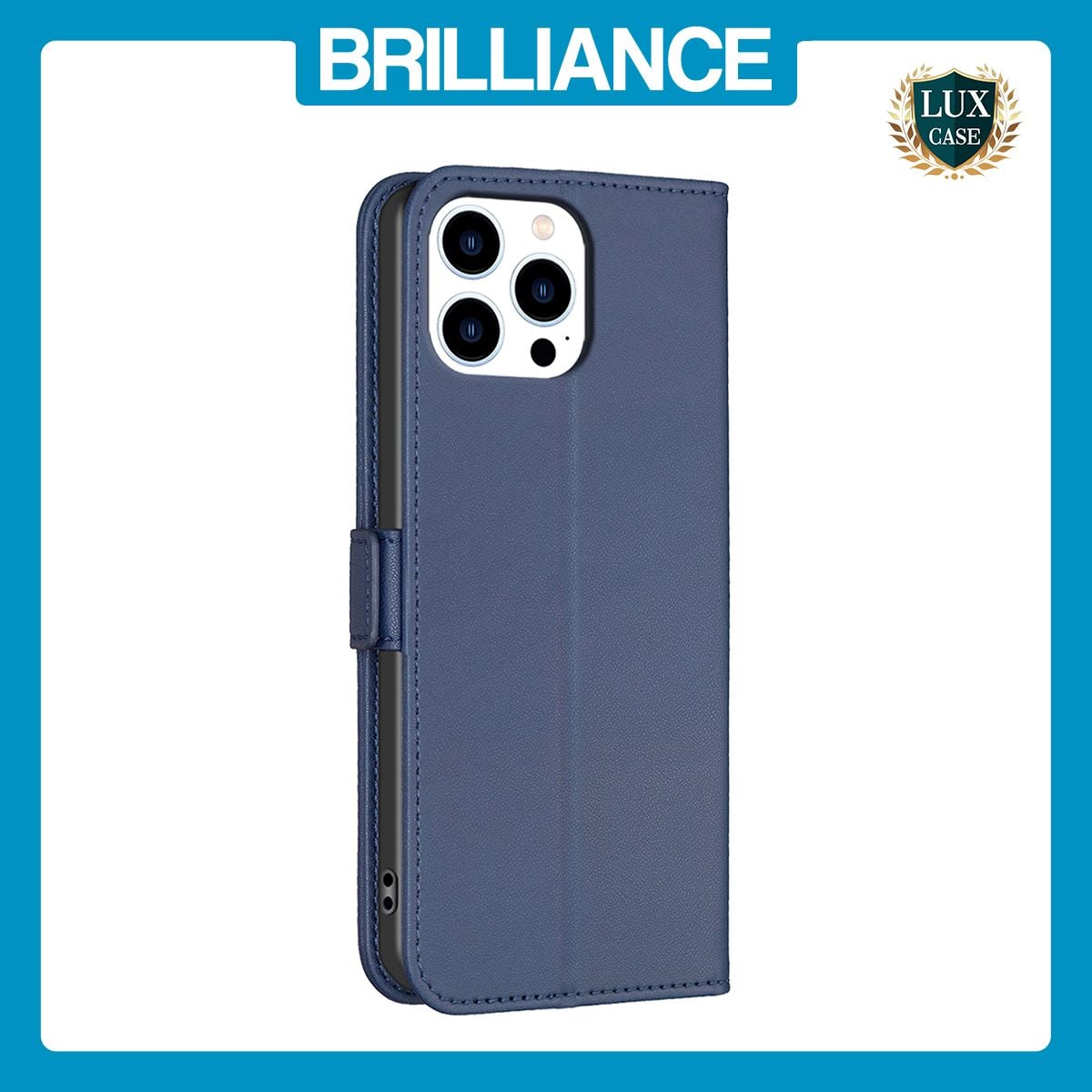 Brilliance LUX iPhone 13 Pro Max Flip Book PU Leather Wallet Holder & Stand with Card Pockets Case Blue