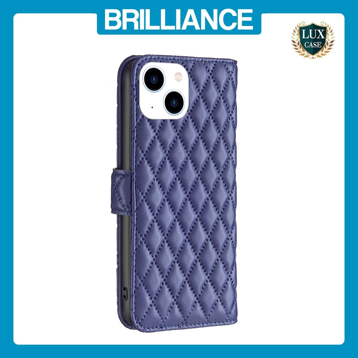 Brilliance LUX iPhone 15 Flip Book PU real Leather Wallet Holder & Kickstand with Card Pockets Case Blue