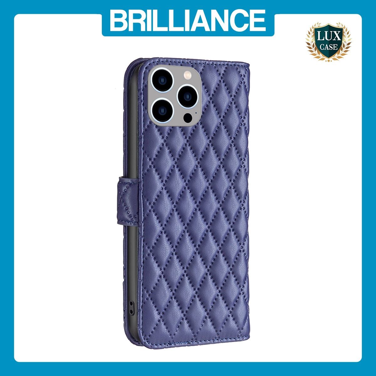 Brilliance LUX iPhone 15 Pro Max Flip Book PU real Leather Wallet Holder & Kickstand with Card Pockets Case Blue