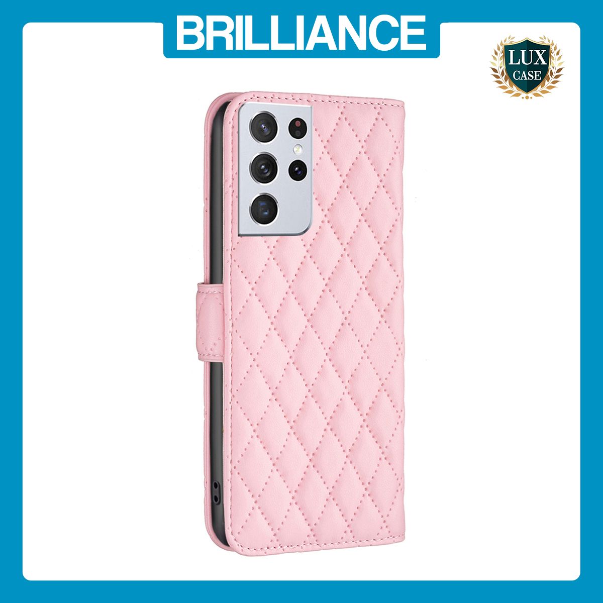 Brilliance LUX Samsung S21 Ultra Flip Book PU real Leather Wallet Holder & Kickstand with Card Pockets Case Pink