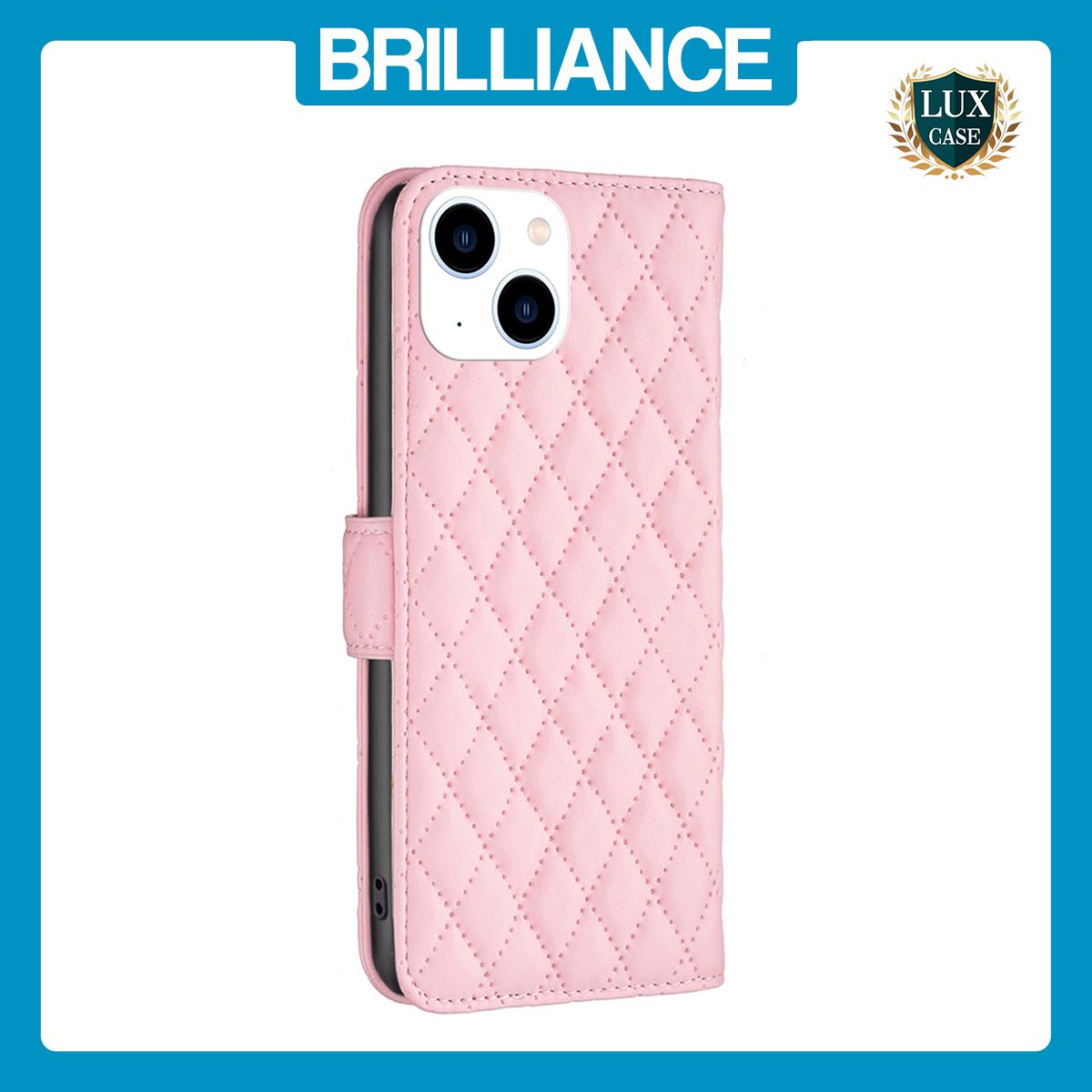 Brilliance LUX iPhone 15 Flip Book PU real Leather Wallet Holder & Kickstand with Card Pockets Case Pink