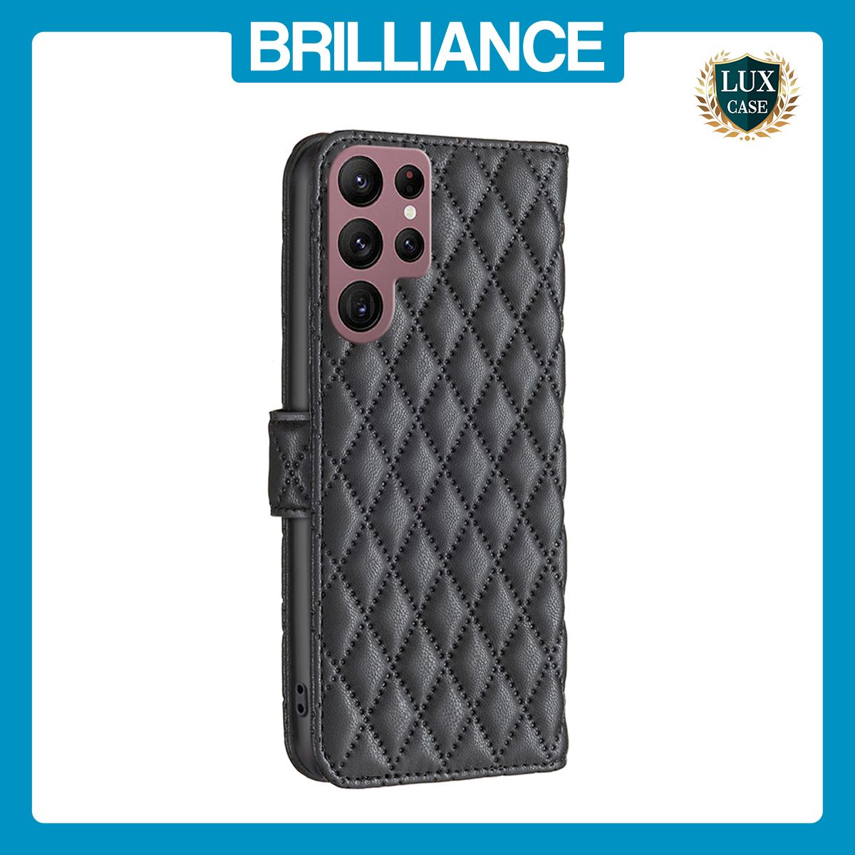 Brilliance LUX Samsung S22 Ultra Flip Book PU real Leather Wallet Holder & Kickstand with Card Pockets Case Black