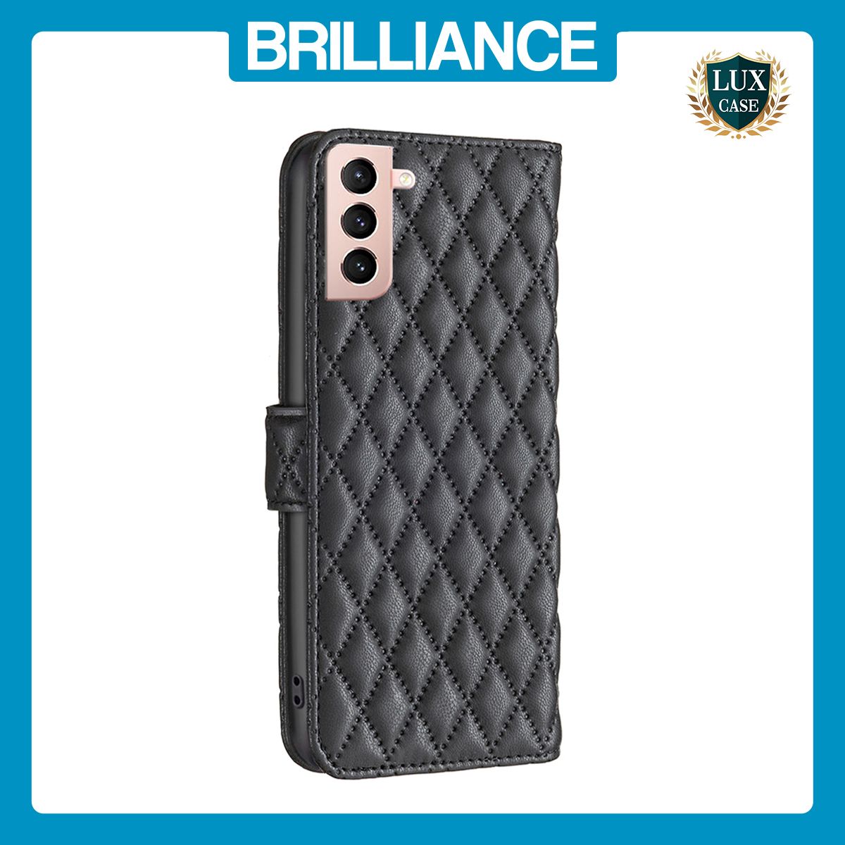 Brilliance LUX Samsung S21 Flip Book PU real Leather Wallet Holder & Kickstand with Card Pockets Case Black
