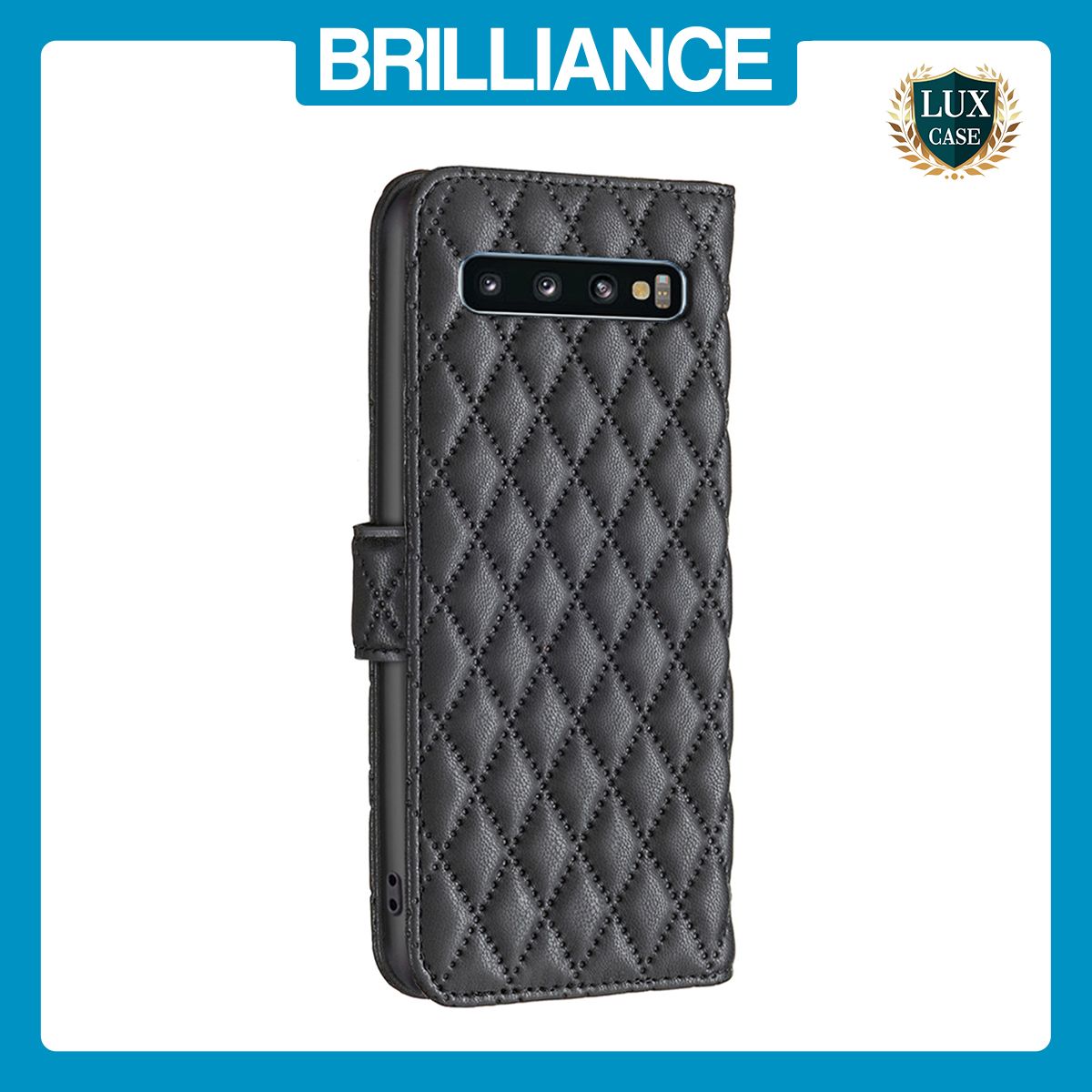 Brilliance LUX Samsung S10 Flip Book PU real Leather Wallet Holder & Kickstand with Card Pockets Case Black