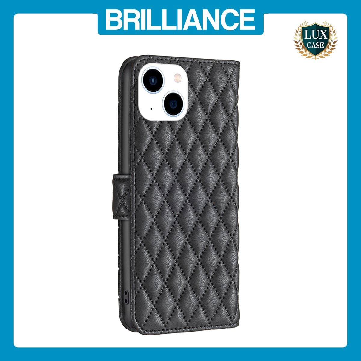 Brilliance LUX iPhone 15 Flip Book PU real Leather Wallet Holder & Kickstand with Card Pockets Case Black