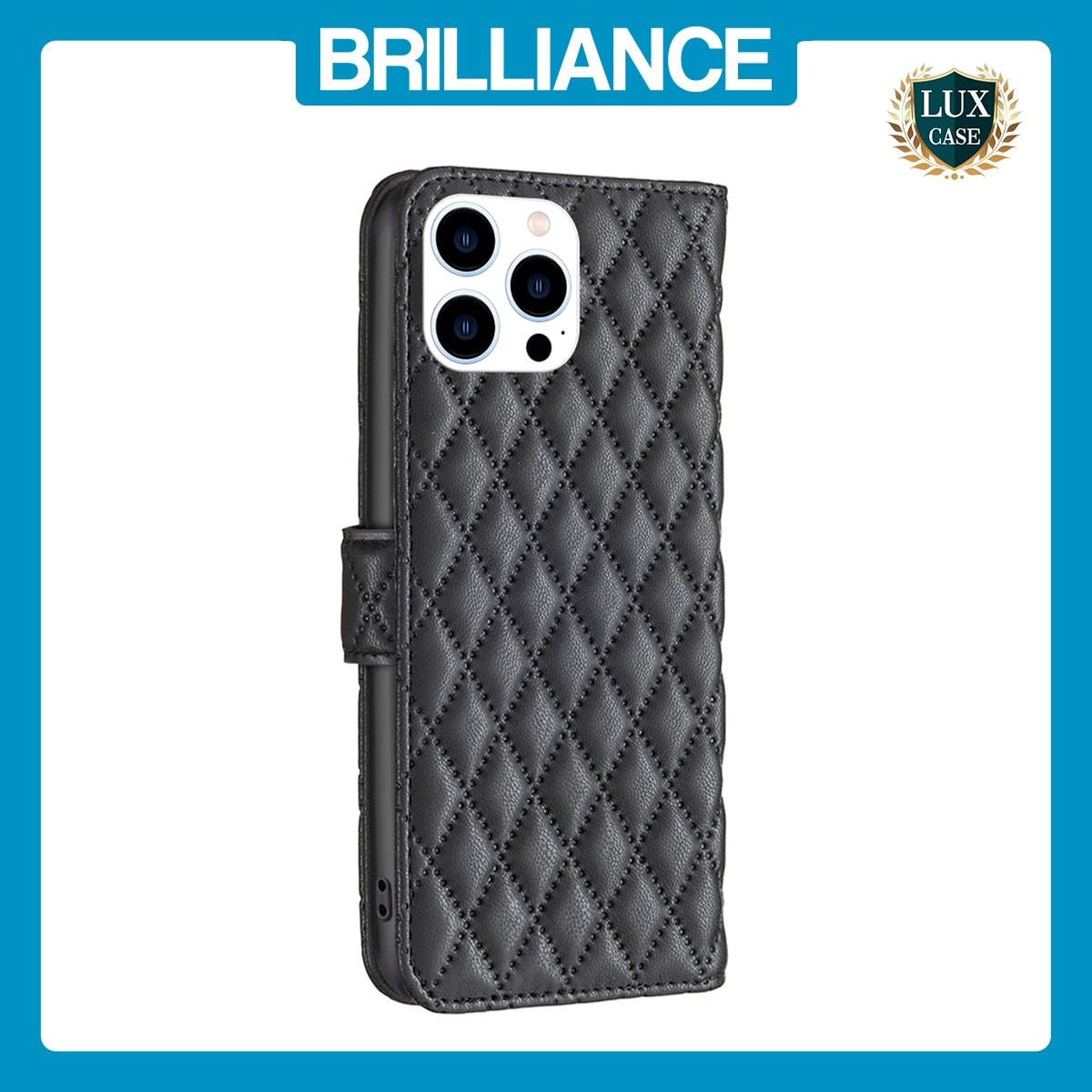 Brilliance LUX iPhone 15 Pro Flip Book PU real Leather Wallet Holder & Kickstand with Card Pockets Case Black