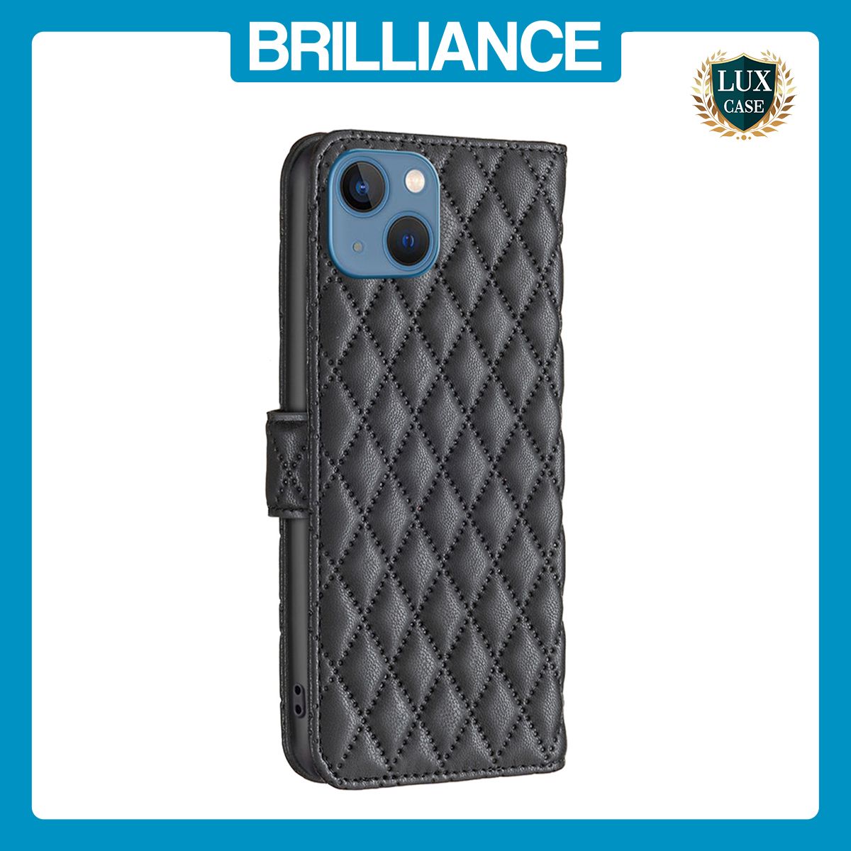 Brilliance LUX iPhone 14/13 Flip Book PU real Leather Wallet Holder & Kickstand with Card Pockets Case Black