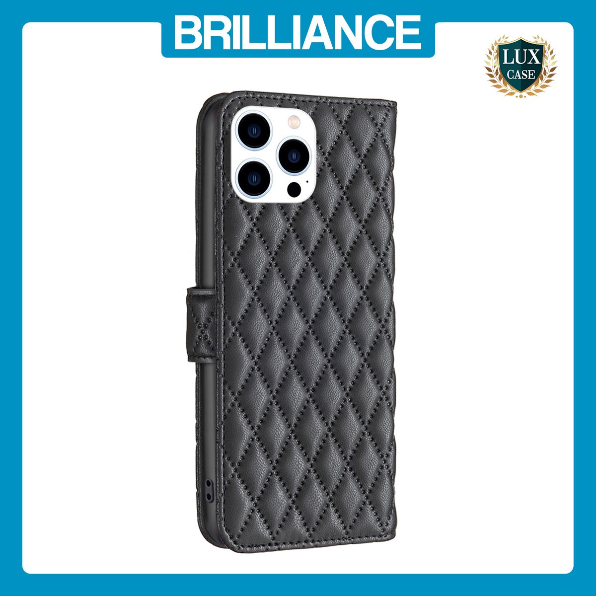 Brilliance LUX iPhone 14 Pro Flip Book PU real Leather Wallet Holder & Kickstand with Card Pockets Case Black