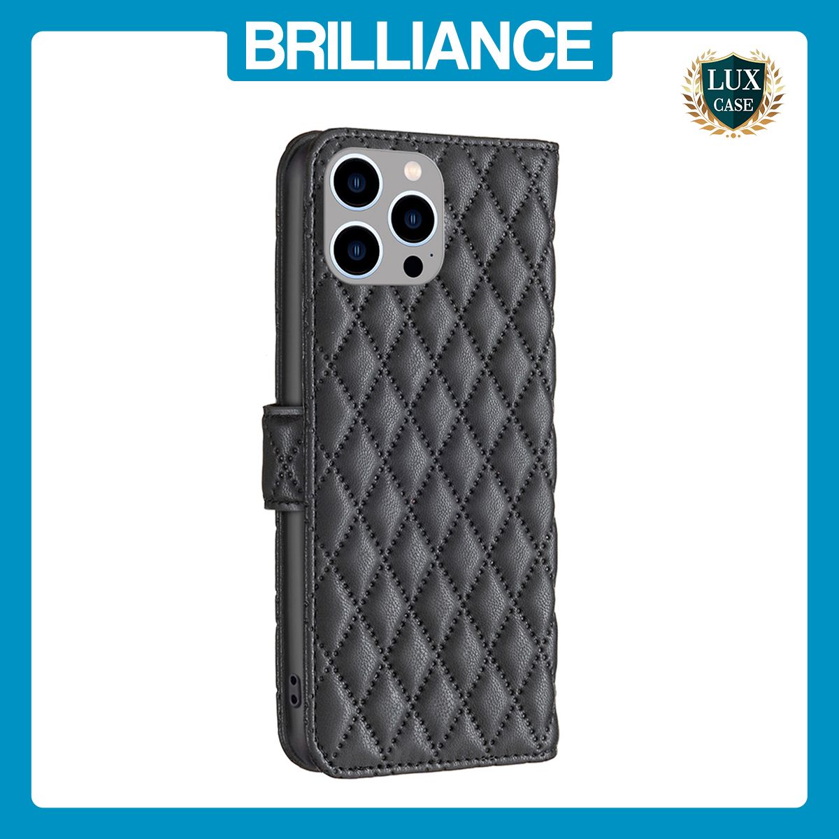 Brilliance LUX iPhone 14 Pro Max Flip Book PU real Leather Wallet Holder & Kickstand with Card Pockets Case Black