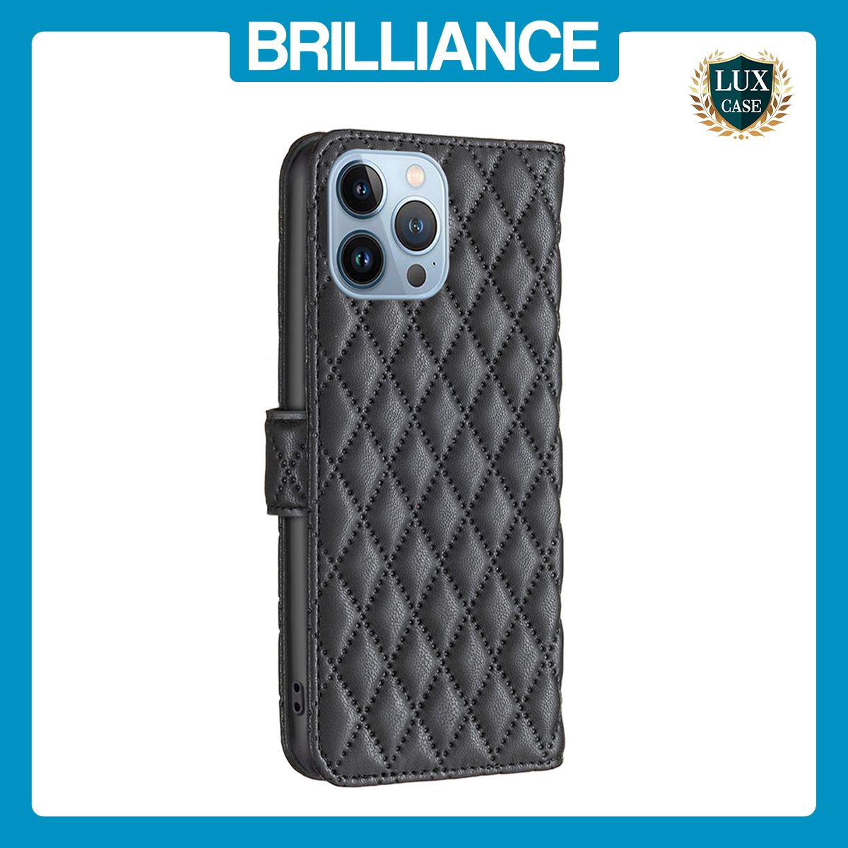 Brilliance LUX iPhone 13 Pro Flip Book PU real Leather Wallet Holder & Kickstand with Card Pockets Case Black