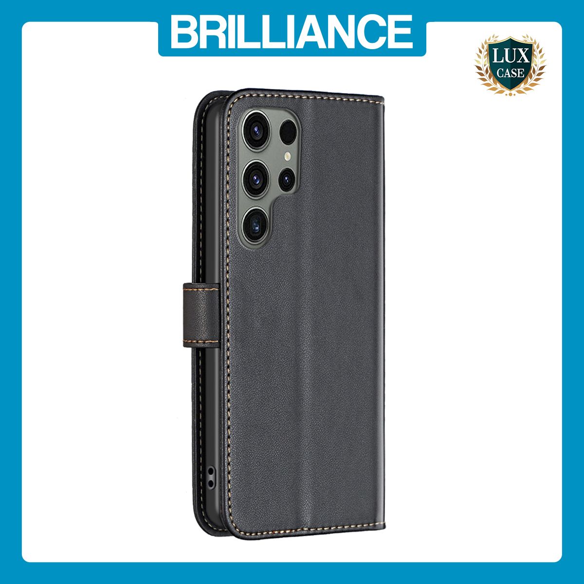 Brilliance LUX Samsung S23 Ultra Flip Book PU Genuine Leather Detachable Strong Magnetic Wallet with Card Pockets Case Black