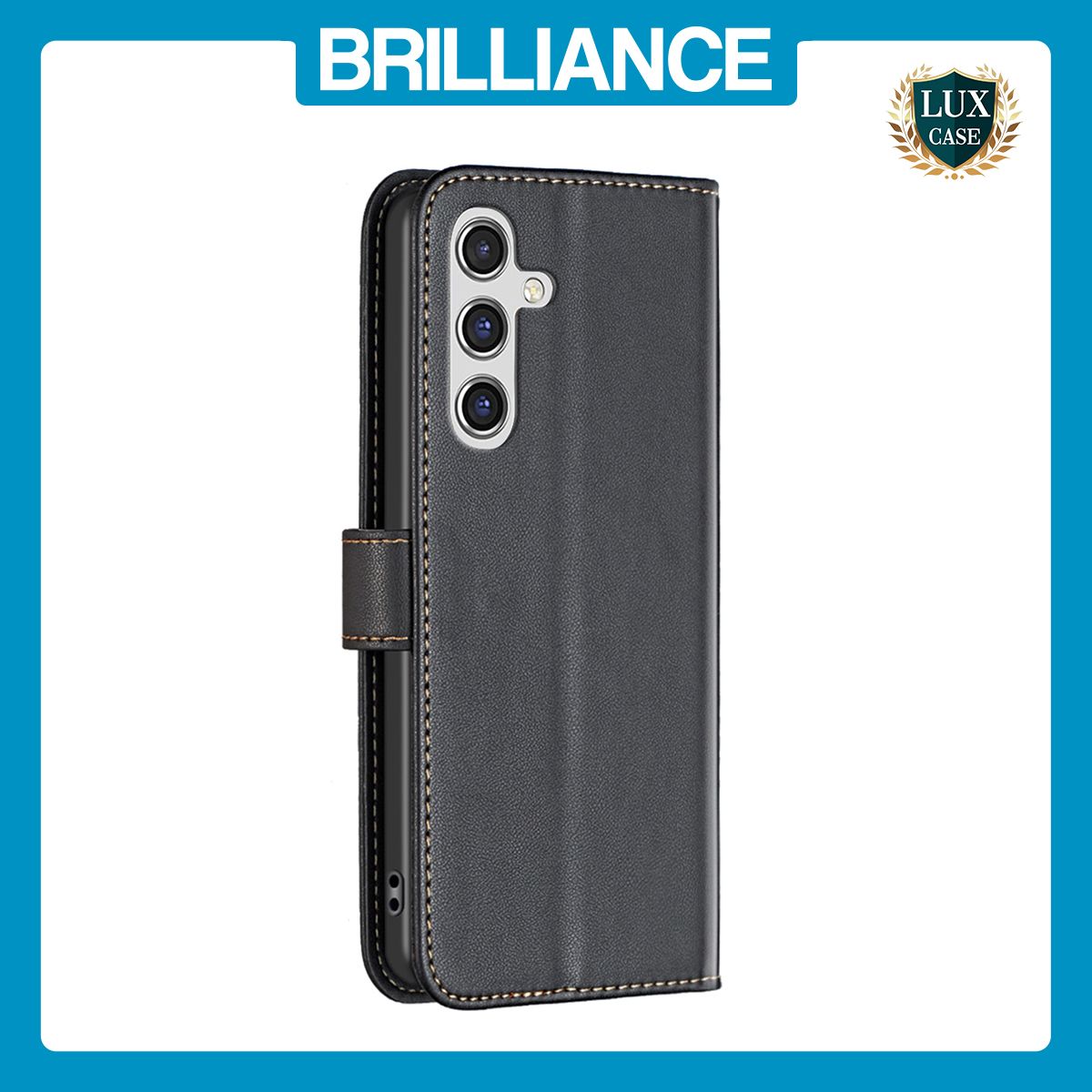 Brilliance LUX Samsung A14 4G/5G Flip Book PU Genuine Leather Detachable Strong Magnetic Wallet with Card Pockets Case Black