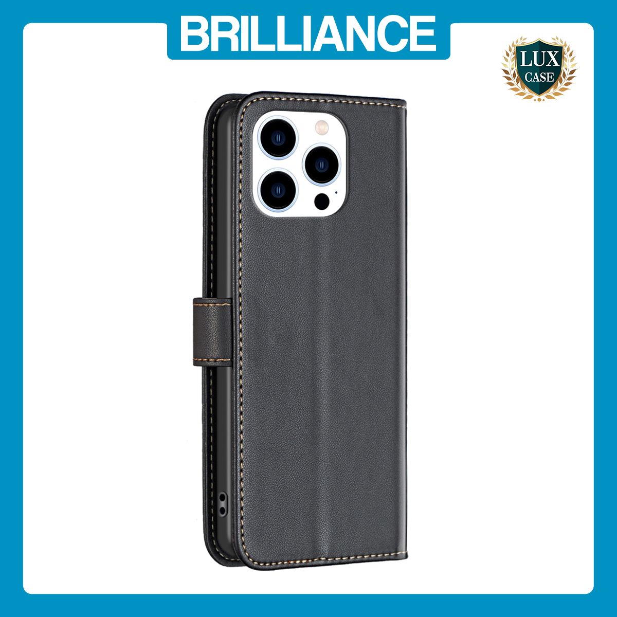 Brilliance LUX iPhone 13 Pro Max Flip Book PU Genuine Leather Detachable Strong Magnetic Wallet with Card Pockets Case Black