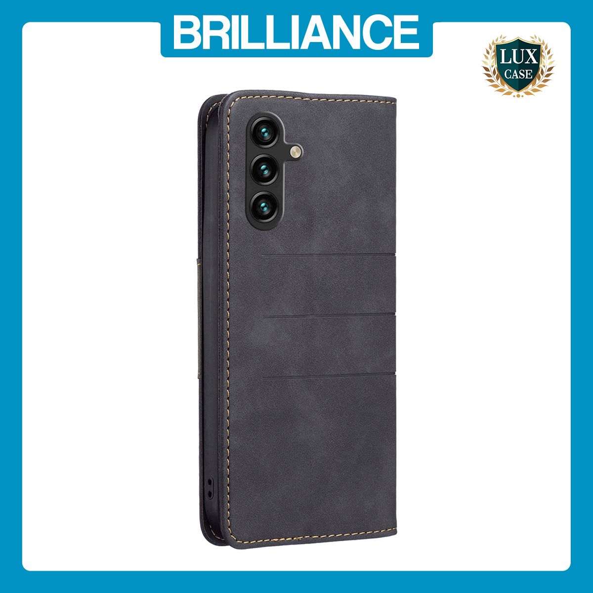 Brilliance LUX Samsung A14 5G Flip PU Leather Stitching Colors Dark Magnetic Wallet with Card Pockets Case Black