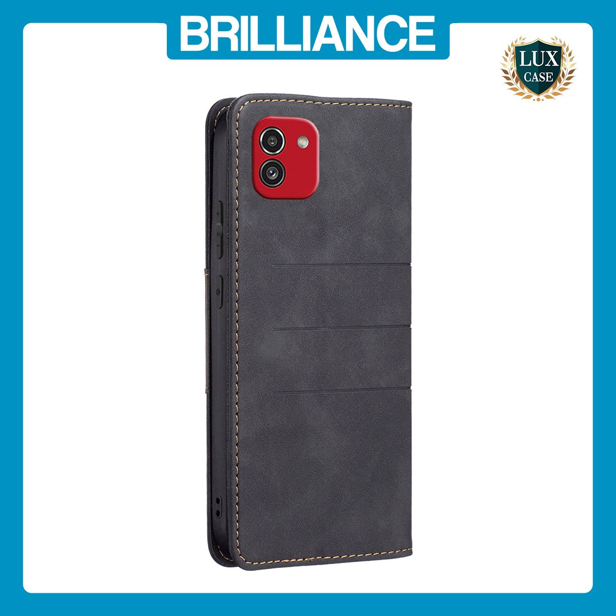 Brilliance LUX Samsung A13 5G Flip PU Leather Stitching Colors Dark Magnetic Wallet with Card Pockets Case Black