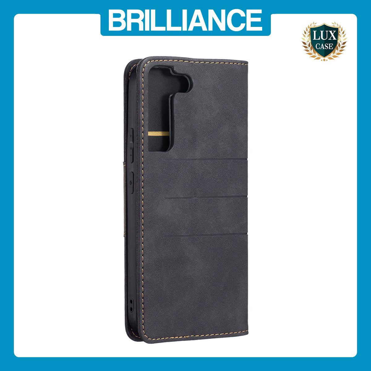 Brilliance LUX Samsung S21 Ultra Flip PU Leather Stitching Colors Dark Magnetic Wallet with Card Pockets Case Black