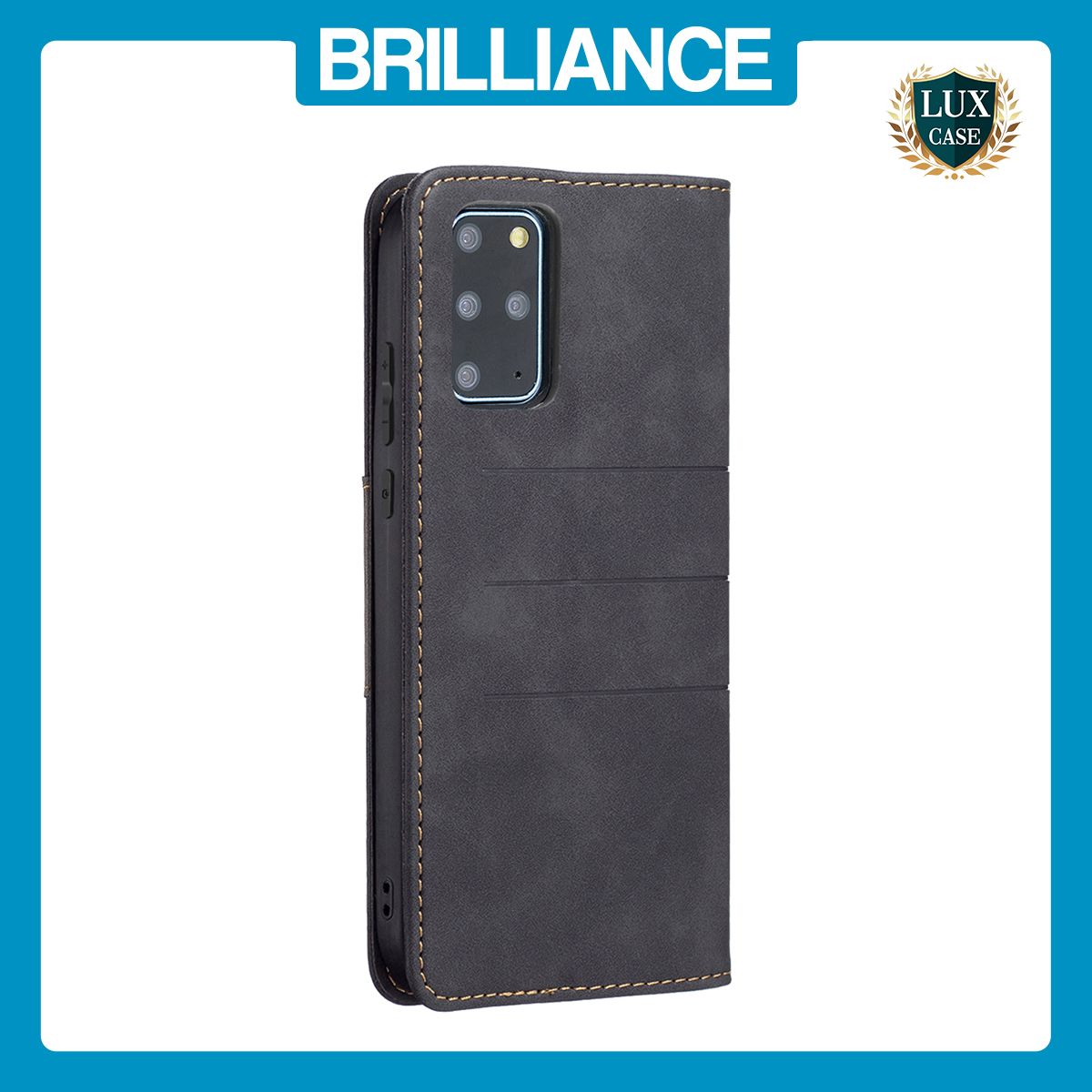 Brilliance LUX Samsung S20 Plus Flip PU Leather Stitching Colors Dark Magnetic Wallet with Card Pockets Case Black