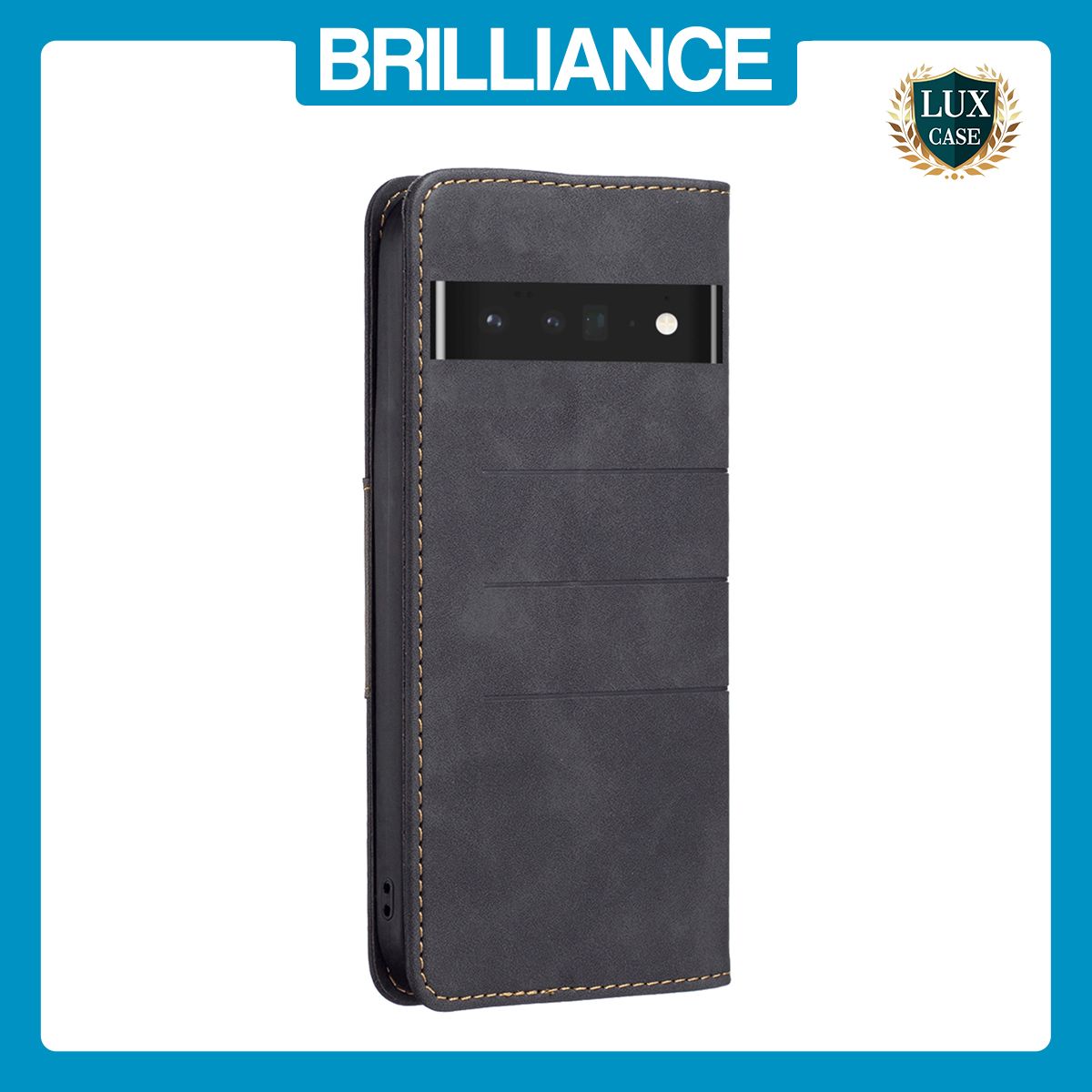 Brilliance LUX iPhone GOOGLE PIXEL7 Pro Flip PU Leather Stitching Colors Dark Magnetic Wallet with Card Pockets Case Black