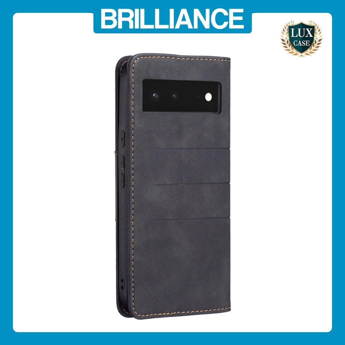 Brilliance LUX iPhone GOOGLE PIXEL 6 Flip PU Leather Stitching Colors Dark Magnetic Wallet with Card Pockets Case Black
