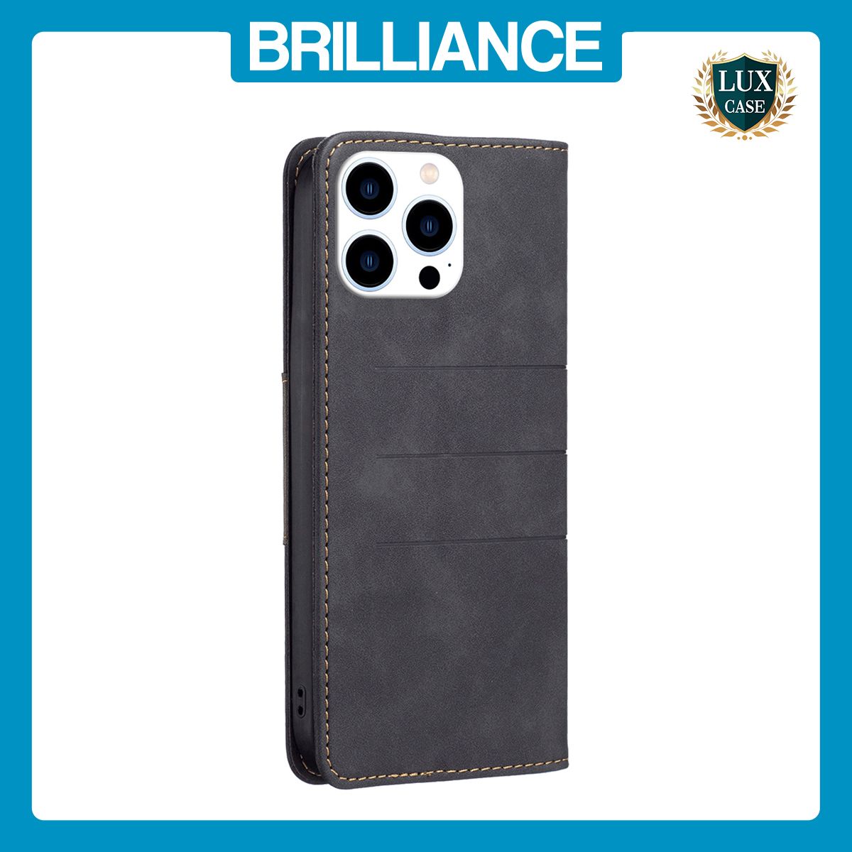Brilliance LUX iPhone 14 Pro Flip PU Leather Stitching Colors Dark Magnetic Wallet with Card Pockets Case Black