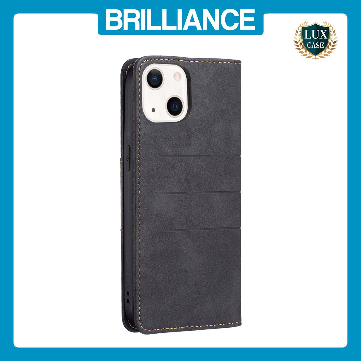 Brilliance LUX iPhone 14 Plus Flip PU Leather Stitching Colors Dark Magnetic Wallet with Card Pockets Case Black