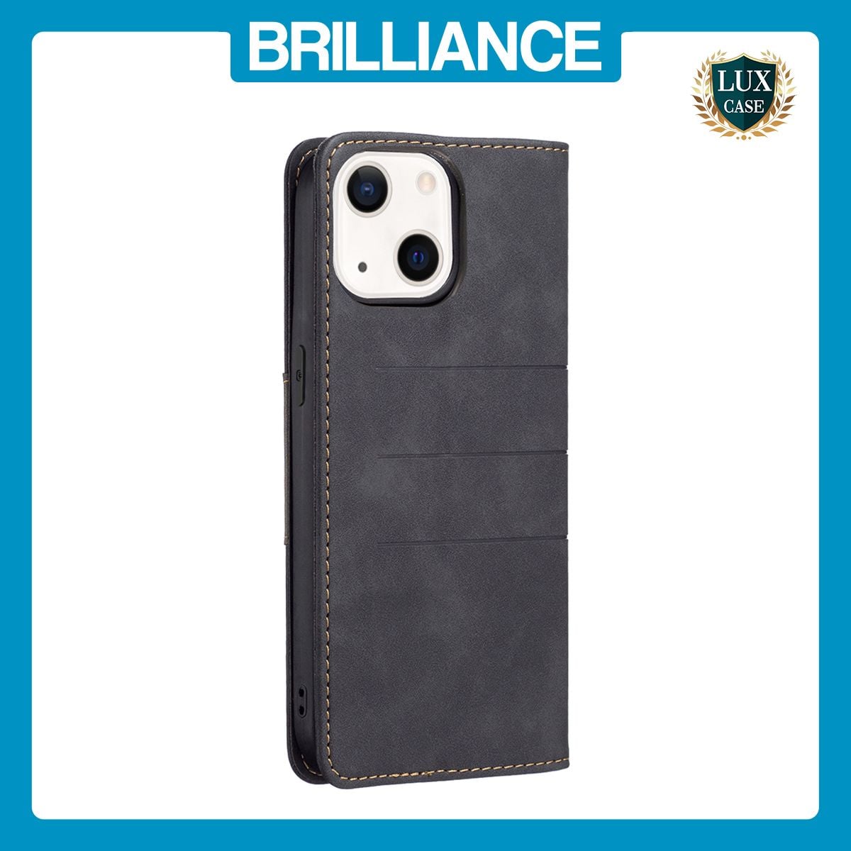 Brilliance LUX iPhone 13 Mini Flip PU Leather Stitching Colors Dark Magnetic Wallet with Card Pockets Case Black