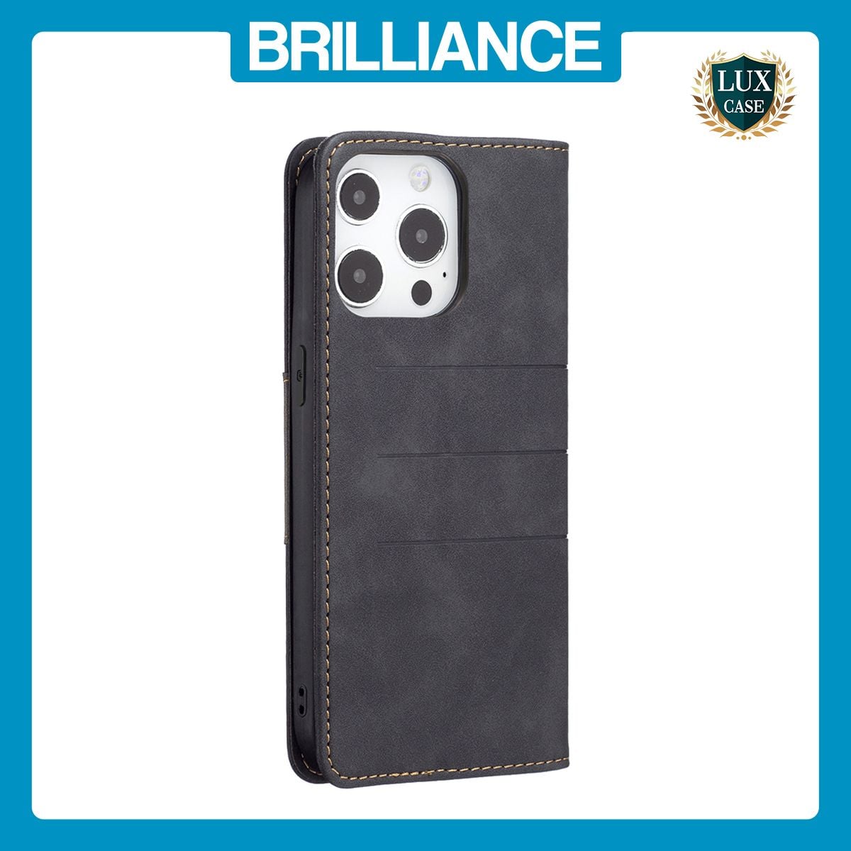 Brilliance LUX iPhone 13 Pro Flip PU Leather Stitching Colors Dark Magnetic Wallet with Card Pockets Case Black