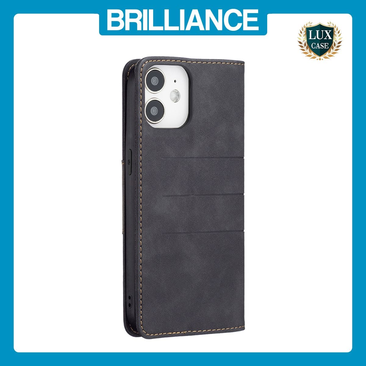 Brilliance LUX iPhone 12 Mini Flip PU Leather Stitching Colors Dark Magnetic Wallet with Card Pockets Case Black