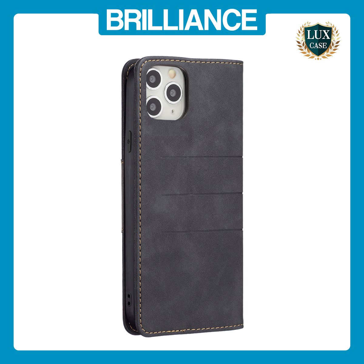 Brilliance LUX iPhone 11 Pro Max Flip PU Leather Stitching Colors Dark Magnetic Wallet with Card Pockets Case Black