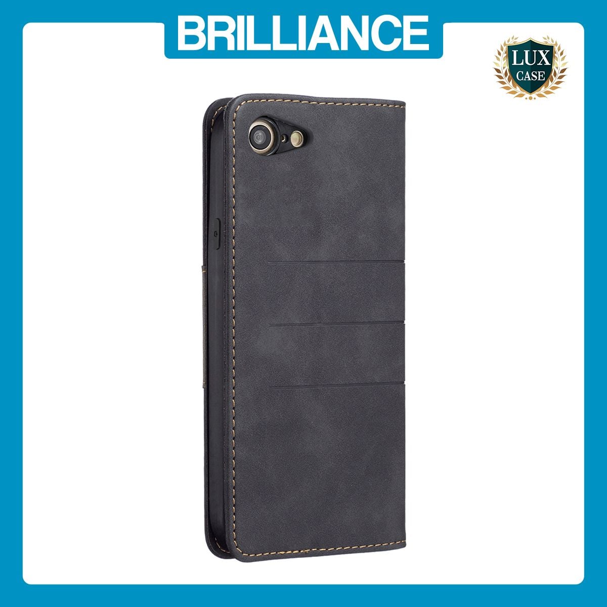 Brilliance LUX iPhone 6/7/8 Flip PU Leather Stitching Colors Dark Magnetic Wallet with Card Pockets Case Black