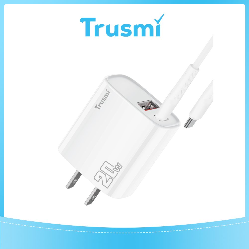 TRUSMI 20W White Dual Type C & USB Power Adapter w/ Type C to Type C Cable