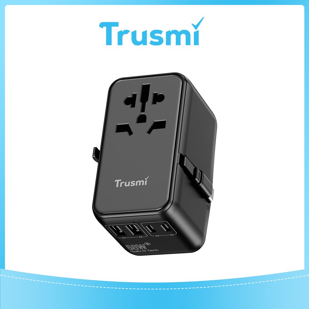TRUSMI 68W 2 Type C & 2 USB Port Universal Travel Adapter with Type C Cable Black