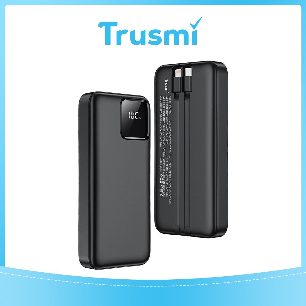 TRUSMI (22.5W) Power Bank Black 20000mAh with Built-in iPhone & Type-C Cables and Digital Display (PB02-013)