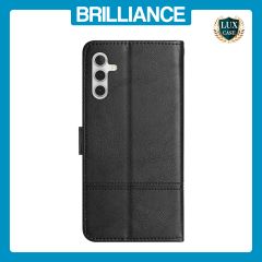Brilliance LUX Samsung A15 5G Flip PU Leather Wallet ShockProof Imprinted Cowhide Texture with Wrist Strap Case Black