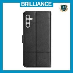 Brilliance LUX Samsung A05S 4G Flip PU Leather Wallet ShockProof Imprinted Cowhide Texture with Wrist Strap Case Black