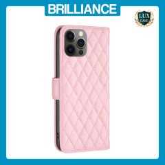 Brilliance LUX iPhone 12 / 12 Pro Flip Book PU real Leather Wallet Holder & Kickstand with Card Pockets Case Pink