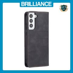 Brilliance LUX Samsung S21 Flip PU Leather Stitching Colors Dark Magnetic Wallet with Card Pockets Case Black